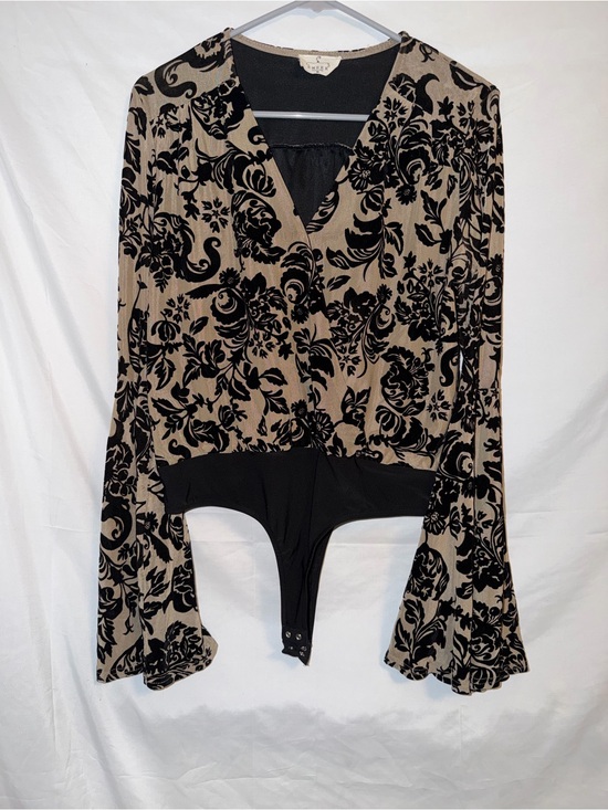 Ember Tops - Beige & Black Floral Velvet Flocked Bodysuit